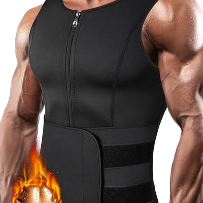TKPARK Men's Adjustable Compression Tank Top & Waist Trainer - High-Elasticity Workout Shirt with Back Support, Sleeveless Gym Shaper Vest, Zipper Closure & Belt for Fitness Training, Fitness Compression Wear | Sleeveless Tan
