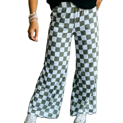 Chessboard Plaid Printed Women's High Waist Wide-leg Casual Pants