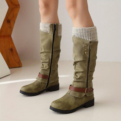 Mid-calf vintage western boots for women; warm, anti-slip, flat, cold-proof long boots in winter.