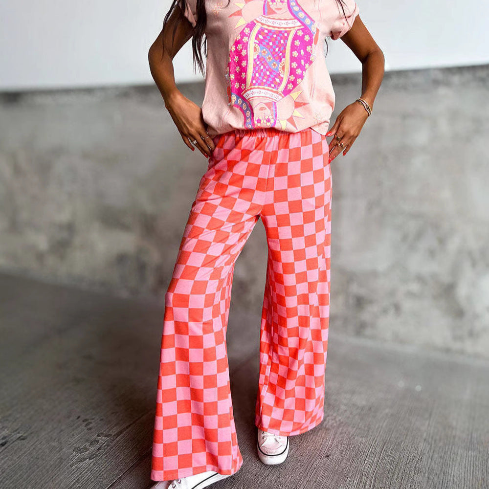 Chessboard Plaid Printed Women's High Waist Wide-leg Casual Pants