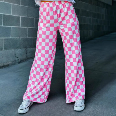 Chessboard Plaid Printed Women's High Waist Wide-leg Casual Pants