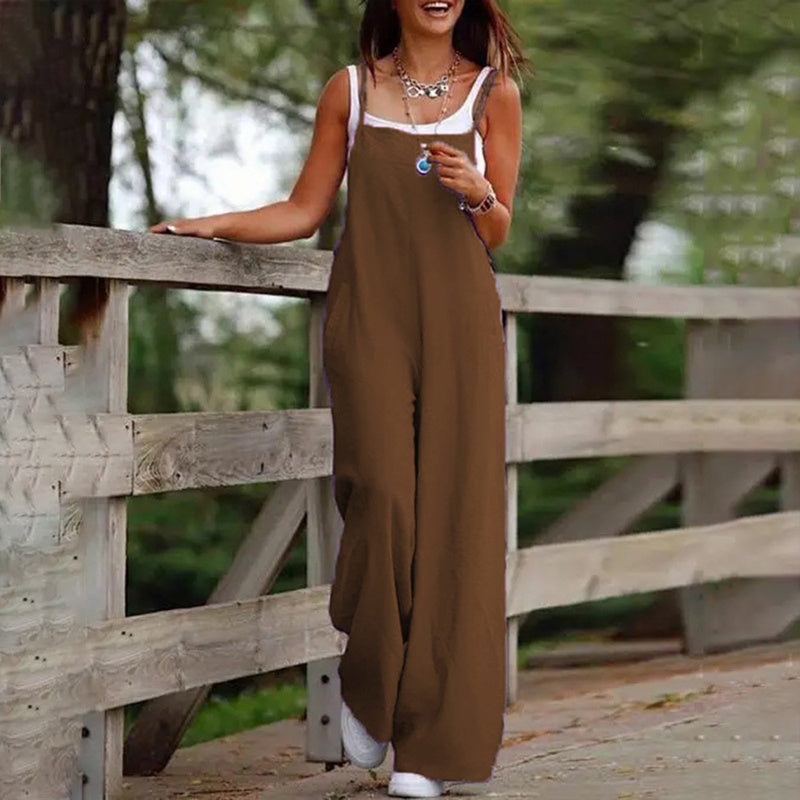 Plus Size Women's Solid Color Casual Jumpsuit - Sleeveless Romper With Pockets For Spring&Summer