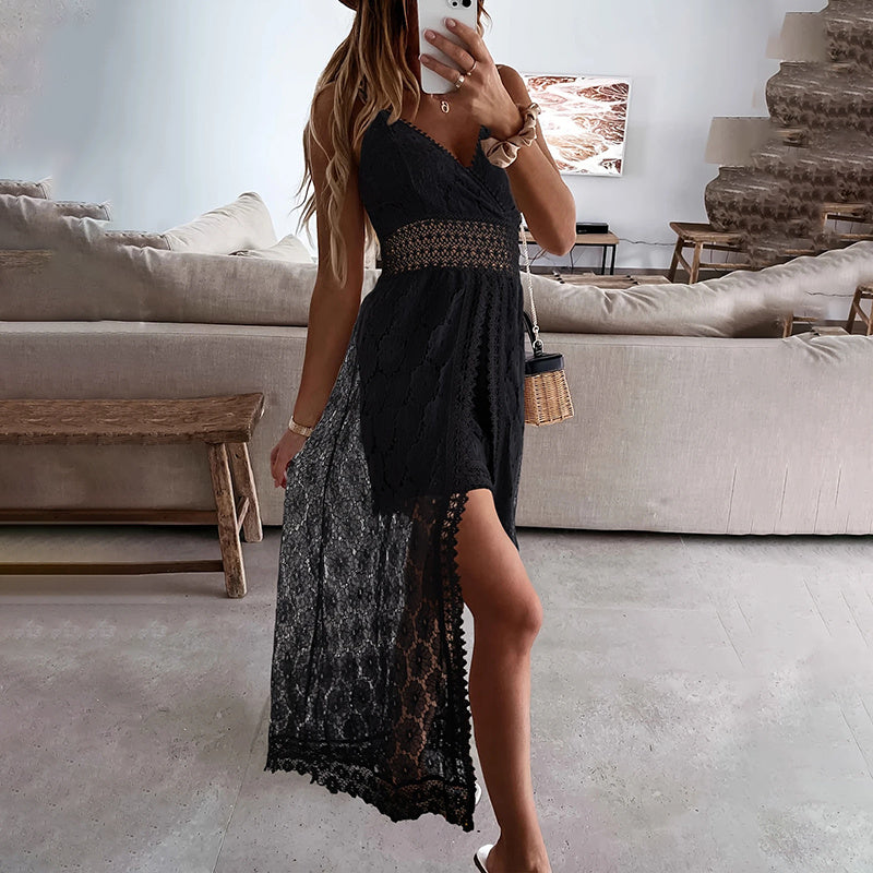 Women's Summer Elegant Lace Jumpsuit - V-Neck Sleeveless Romper With Intricate Detailing