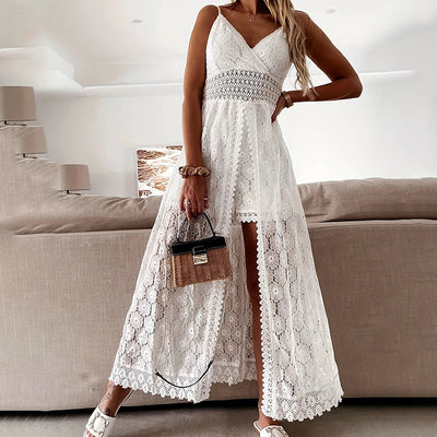 Women's Summer Elegant Lace Jumpsuit - V-Neck Sleeveless Romper With Intricate Detailing