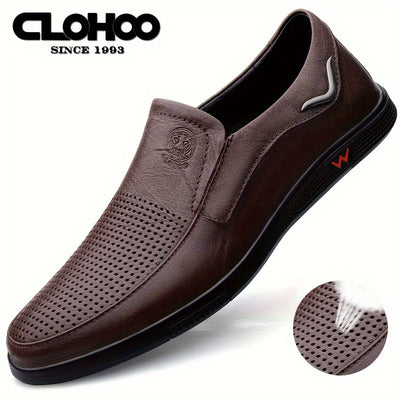 CLOHOO Men's Slip-On/Slip-Resistant Genuine Leather-like (Split Cowhide) Shoes - All-Season Casual & Dressy -like Sneakers with PU, Non-Skid Rubber Sole, Black/Brown for Business, Vacation, Casual Attire (No Laces)
