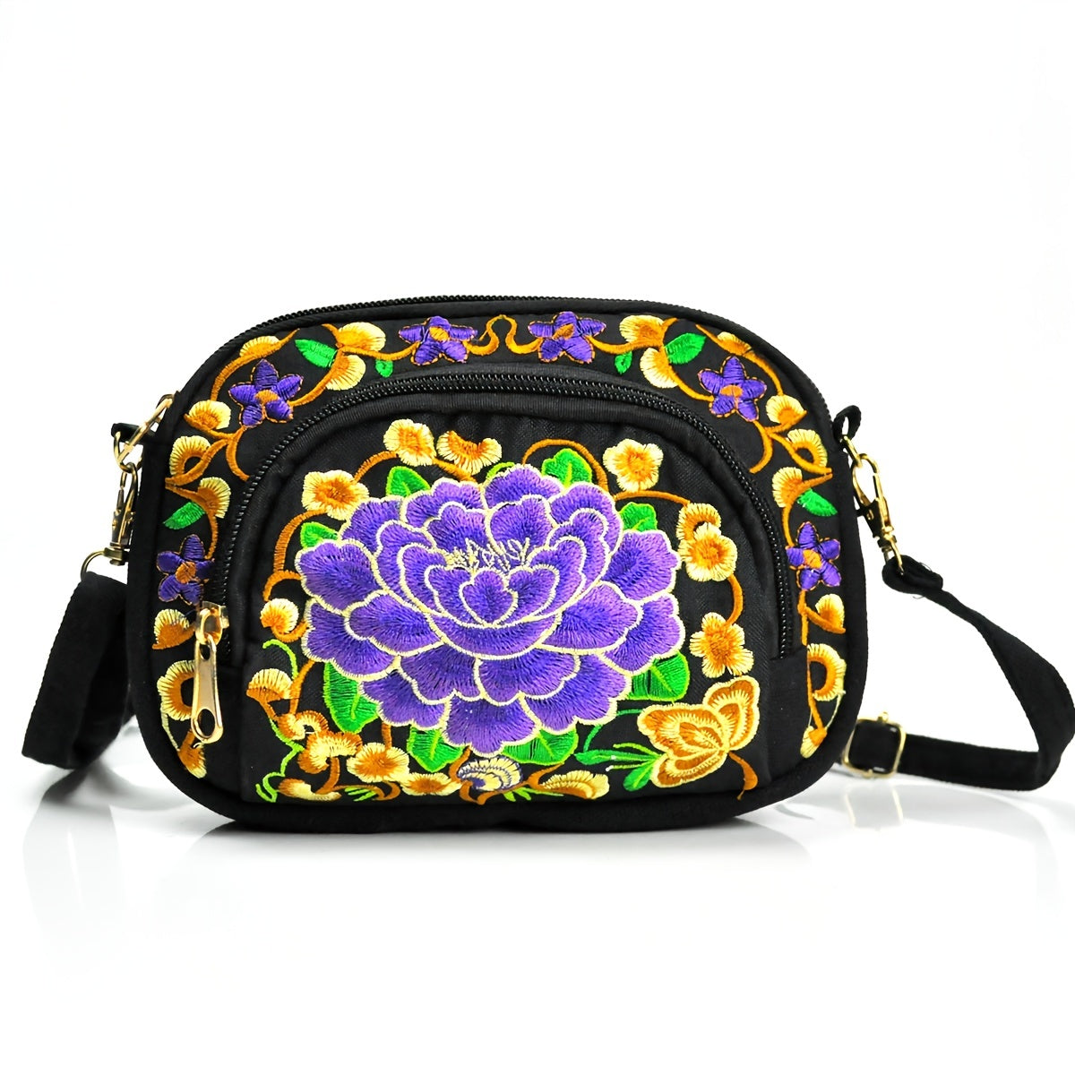 Vibrant Floral Embroidered Crossbody Bag for Women - Lightweight, Double-Sided Design with Detachable Strap, Zipper Closure, and Phone Pocket - Perfect for Casual Outings, Travel Accessory | Vibrant Pattern Bag | Coin Purse