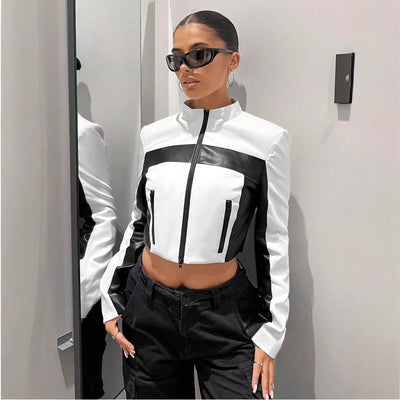Black And White Contrast Color Leather Coat Women's Zipper Short Slim Jacket
