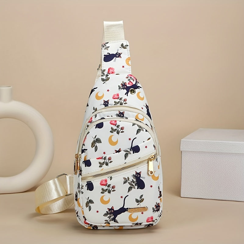 Large Capacity Chest Bag for Women - Adjustable Embroidered Crossbody Bag with Zipper Closure, Polyester Lining, Foldable, and Random Printing - Urban Solid Color Nylon Bag with Comfortable Strap