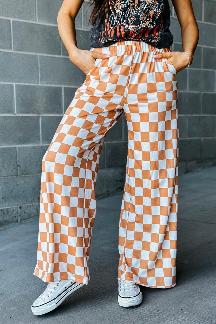 Chessboard Plaid Printed Women's High Waist Wide-leg Casual Pants