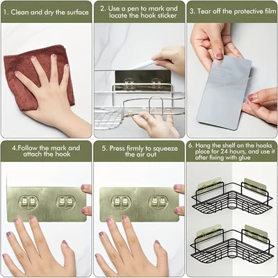 [Cast Iron Shower Shelf] 1pc Cast Iron Corner Shower Shelf - No-Drill Wall Mounted Black Wire Mesh Bathroom Storage Rack for Easy Access & Organization, Perfect for Shampoo, Conditioner, and Soap, Bathroom Storage Solution |