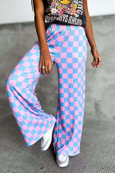 Chessboard Plaid Printed Women's High Waist Wide-leg Casual Pants