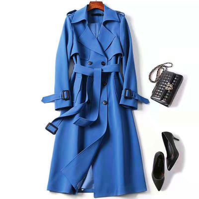 Women's Classic Trench Coat, Solid Color Long Sleeve Belted Mid-Length Jacket With Button Detail For Spring And Fall