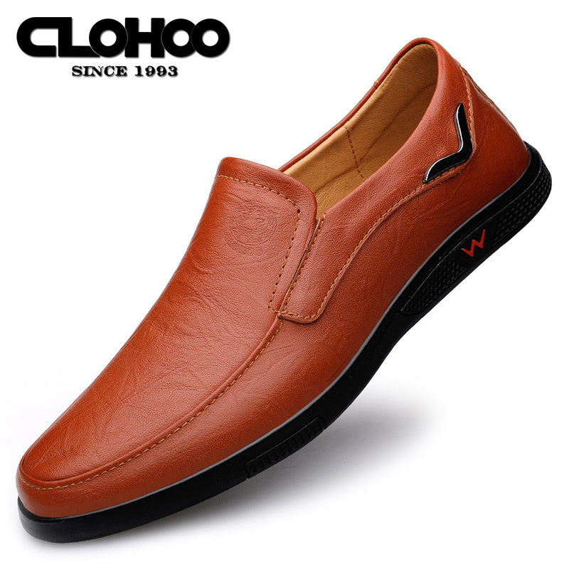 CLOHOO Men's Slip-On/Slip-Resistant Genuine Leather-like (Split Cowhide) Shoes - All-Season Casual & Dressy -like Sneakers with PU, Non-Skid Rubber Sole, Black/Brown for Business, Vacation, Casual Attire (No Laces)