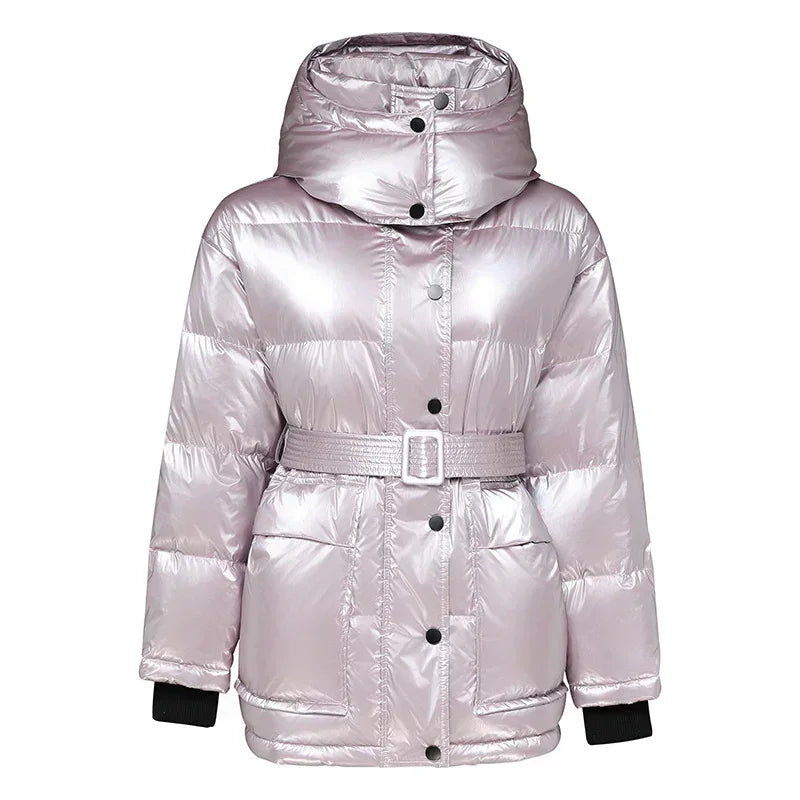 Winter jacket thick mid-length waist white duck down jackets slim belt silver shiny parka women coat