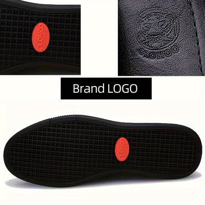 CLOHOO Men's Slip-On/Slip-Resistant Genuine Leather-like (Split Cowhide) Shoes - All-Season Casual & Dressy -like Sneakers with PU, Non-Skid Rubber Sole, Black/Brown for Business, Vacation, Casual Attire (No Laces)