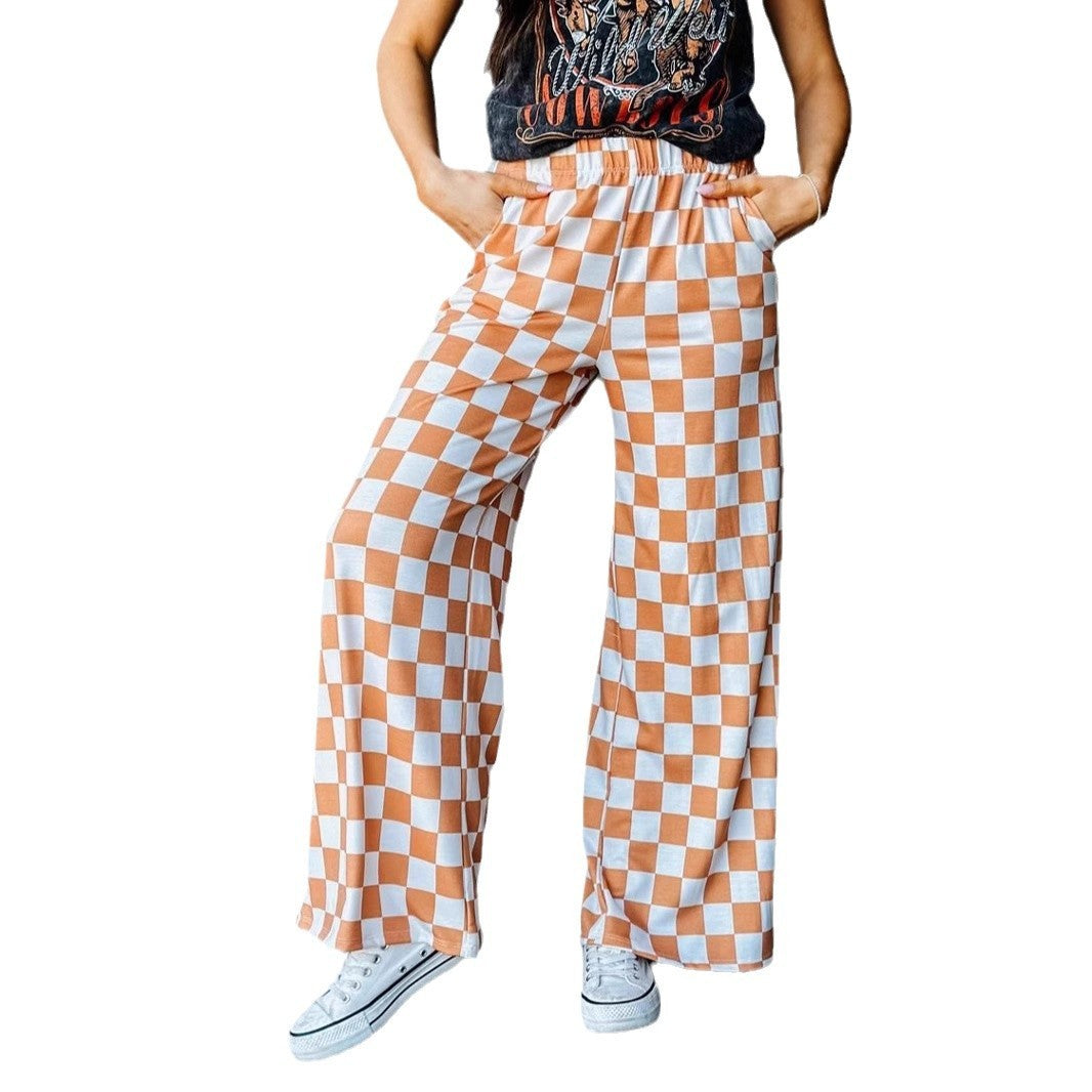 Chessboard Plaid Printed Women's High Waist Wide-leg Casual Pants