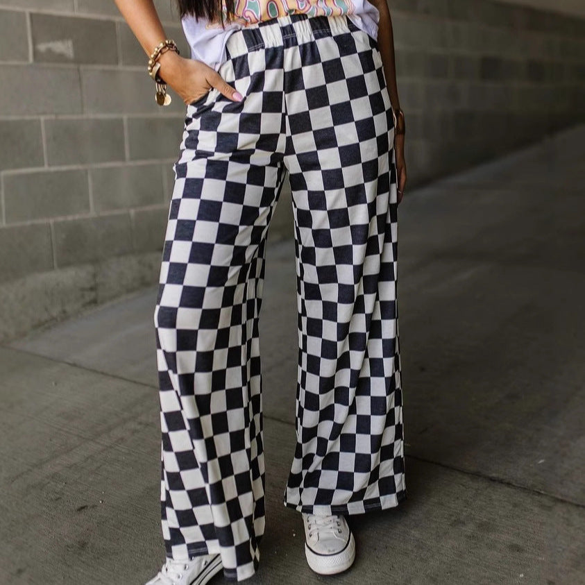 Chessboard Plaid Printed Women's High Waist Wide-leg Casual Pants