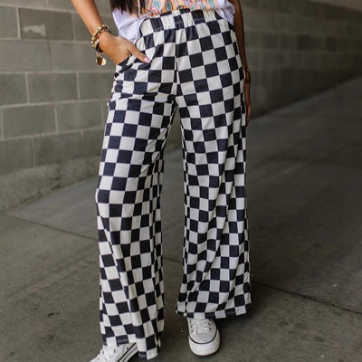 Chessboard Plaid Printed Women's High Waist Wide-leg Casual Pants
