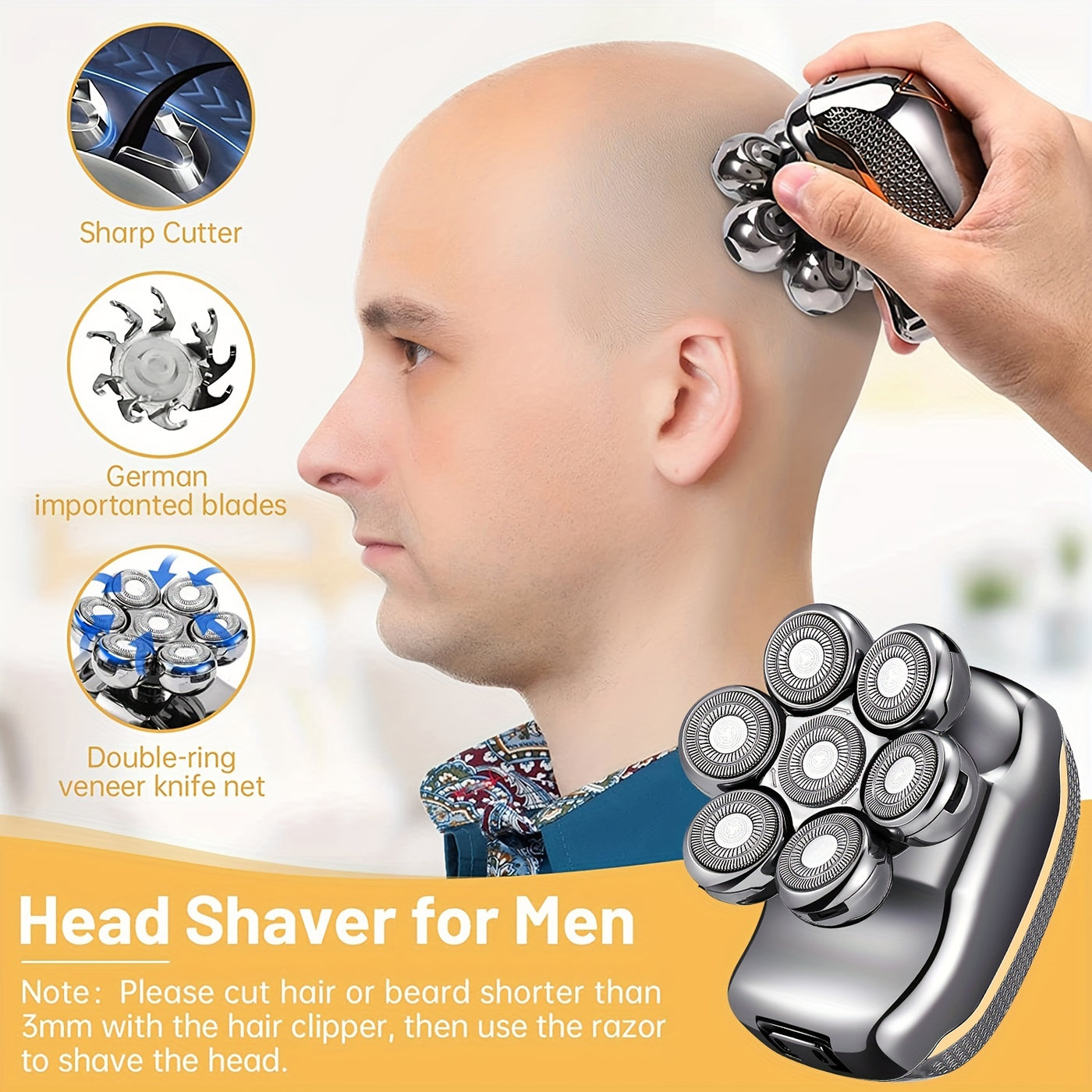 Men's Electronic Head Shaver Razor - Rechargeable Cordless Hair Shaving Razors For Bald Man 6 In 1 Wet Dry Beard Trimmer Body Hair Cutting Clipper Grooming Kit 7 Rotary Heads