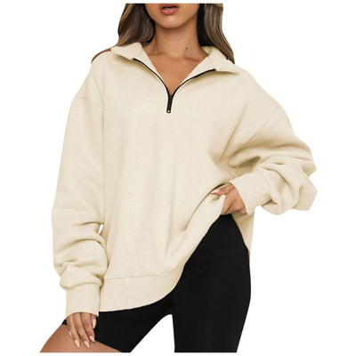 Women zip turndown collar loose casual tops