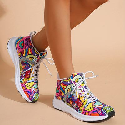 [Reflective Sneakers] Lightweight, Reflective Women's Hand-Painted Cartoon Print High-Top Sneakers | Lace-Up Casual Shoes with Soft Fabric Upper & EVA/Rubber Sole for North American & Mexican Fashion - Winter-Ready