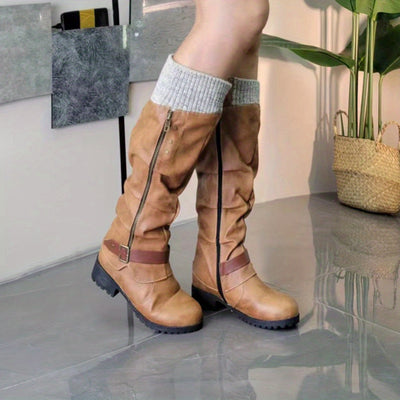 Mid-calf vintage western boots for women; warm, anti-slip, flat, cold-proof long boots in winter.