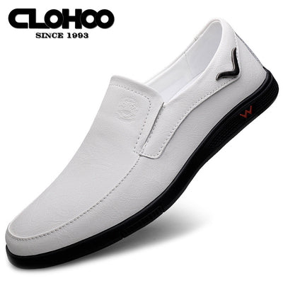 CLOHOO Men's Slip-On/Slip-Resistant Genuine Leather-like (Split Cowhide) Shoes - All-Season Casual & Dressy -like Sneakers with PU, Non-Skid Rubber Sole, Black/Brown for Business, Vacation, Casual Attire (No Laces)