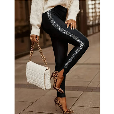 Women's All-match Solid Color Sequin Patchwork Slit Leggings