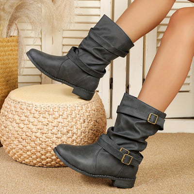 Mid Calf Ruched Buckle Solid Color Retro Western Short Boots For Women Cowboy Boots