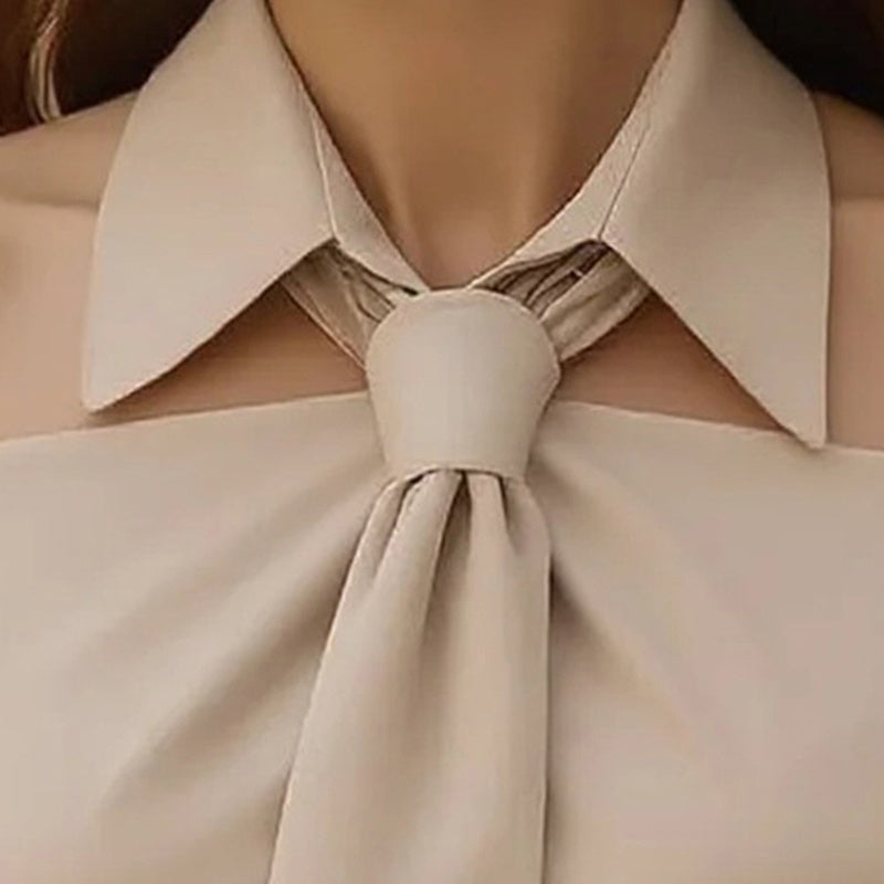 Women's Solid Color Long Sleeve Shirt With Tie And Lapel Collar, Casual & Elegant Blouse For Office And Formal Wear