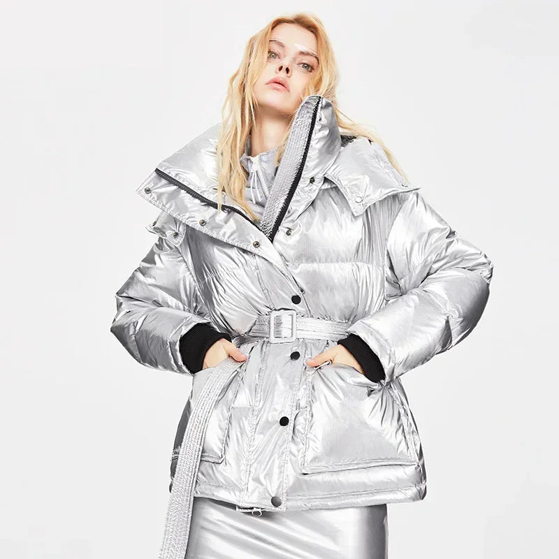 Winter jacket thick mid-length waist white duck down jackets slim belt silver shiny parka women coat