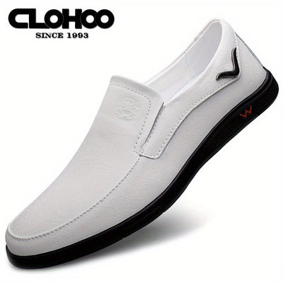CLOHOO Men's Slip-On/Slip-Resistant Genuine Leather-like (Split Cowhide) Shoes - All-Season Casual & Dressy -like Sneakers with PU, Non-Skid Rubber Sole, Black/Brown for Business, Vacation, Casual Attire (No Laces)