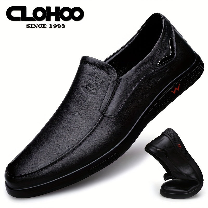 CLOHOO Men's Slip-On/Slip-Resistant Genuine Leather-like (Split Cowhide) Shoes - All-Season Casual & Dressy -like Sneakers with PU, Non-Skid Rubber Sole, Black/Brown for Business, Vacation, Casual Attire (No Laces)