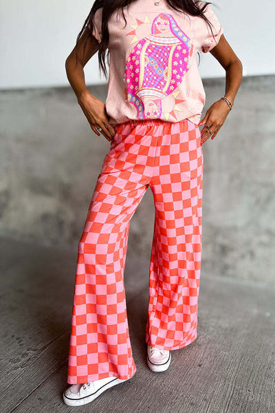 Chessboard Plaid Printed Women's High Waist Wide-leg Casual Pants
