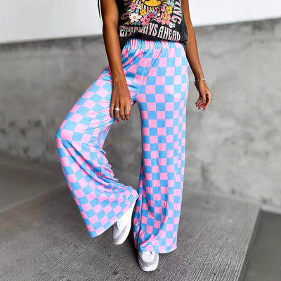 Chessboard Plaid Printed Women's High Waist Wide-leg Casual Pants