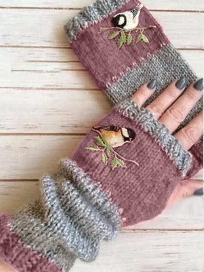 Warm Stitching Embroidered Gloves Women
