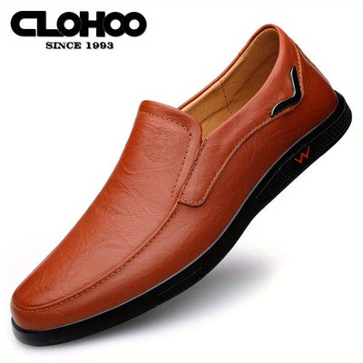 CLOHOO Men's Slip-On/Slip-Resistant Genuine Leather-like (Split Cowhide) Shoes - All-Season Casual & Dressy -like Sneakers with PU, Non-Skid Rubber Sole, Black/Brown for Business, Vacation, Casual Attire (No Laces)