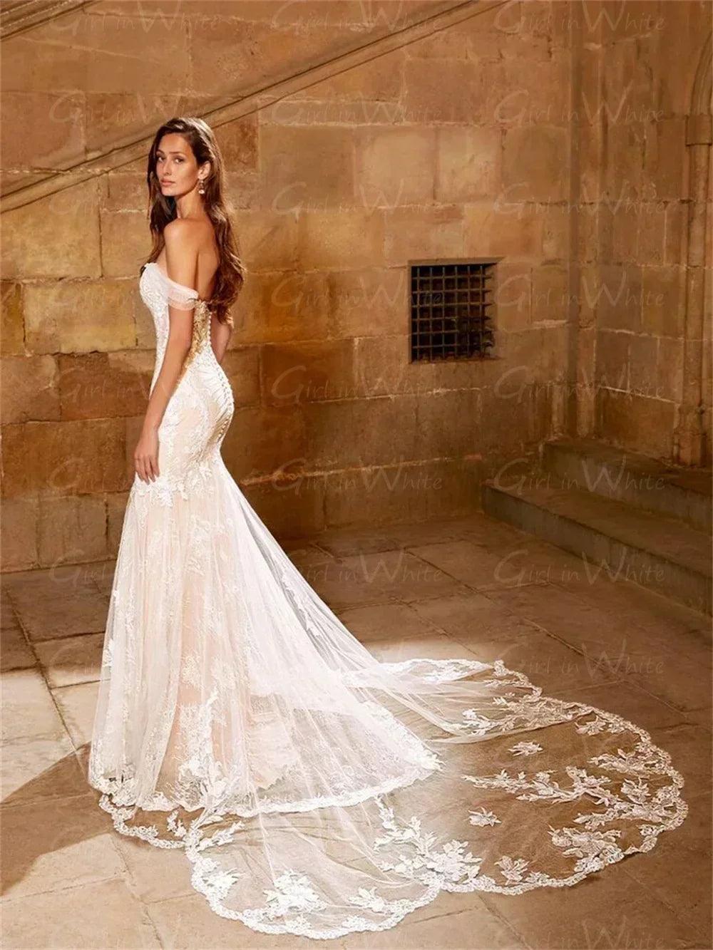 Off the shoulder mermaid wedding dress lace gown backless bride robe