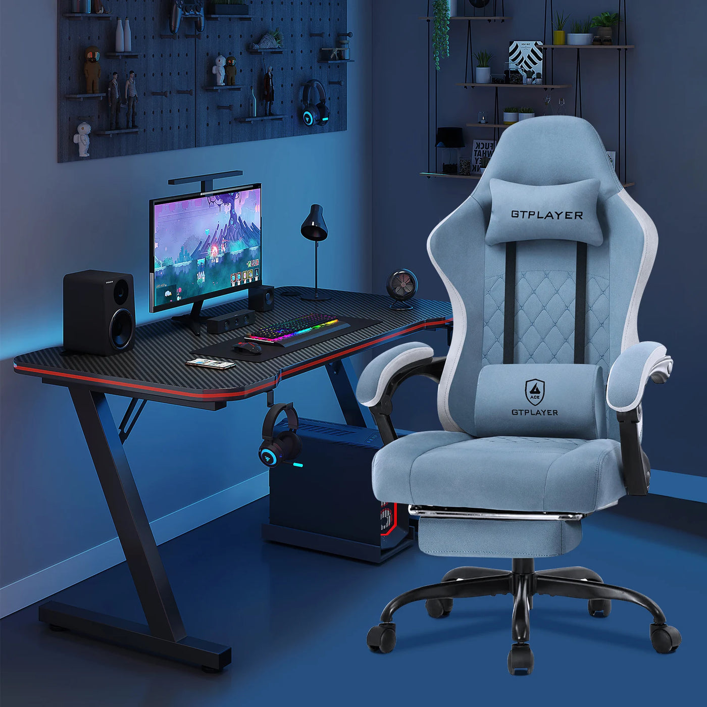 GTPLAYER Fabric Gaming Chair with Footrest, Computer Desk Chair with Pocket Spring Cushion, Home Office Ergonomic Chair