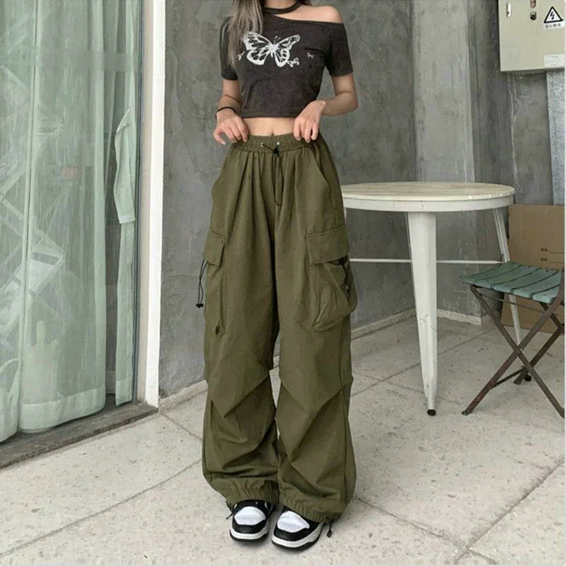 Women Casual Cargo Pant Solid Low Waist Drawstring Big Pockets