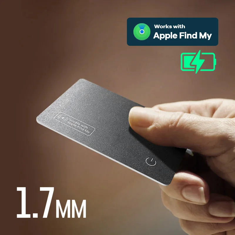 1.7mm ultra-thin black card-shaped tracker with sleek metallic finish for Apple Find My