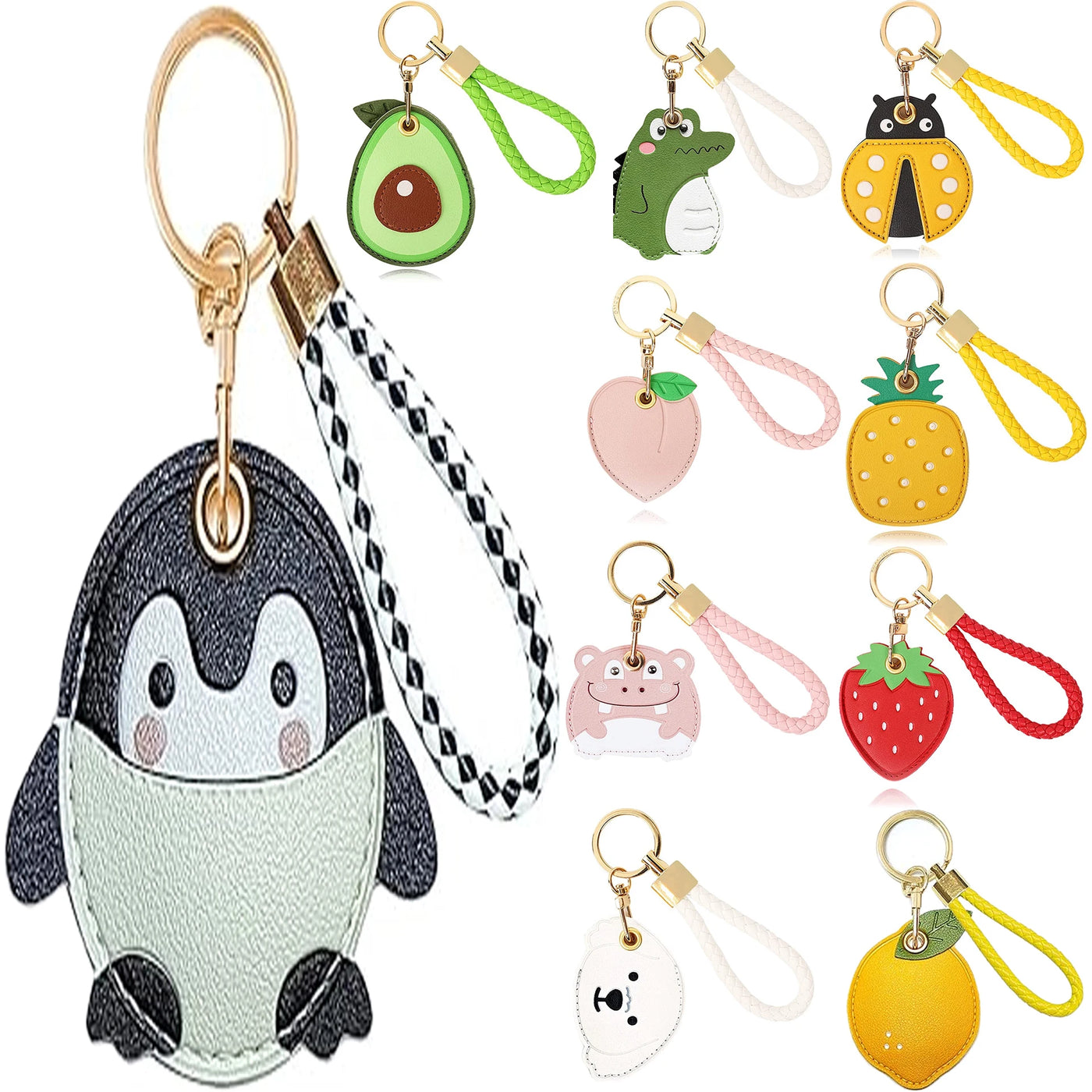 Mint green penguin leather AirTag keychain holder with hand straps