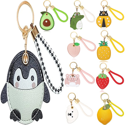 Mint green penguin leather AirTag keychain holder with hand straps