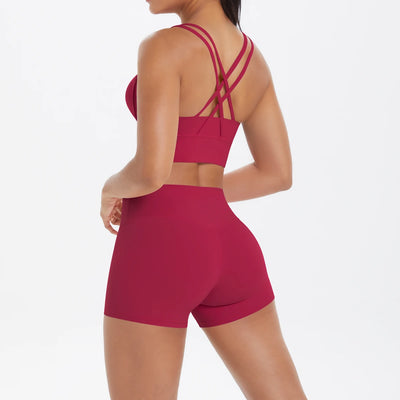 2PCS Yoga Suit Sports Set Fitness Shock-absorbing Cross Shoulder Straps Quick Drying Sport Brassiere Cycling Workout Gym Shorts