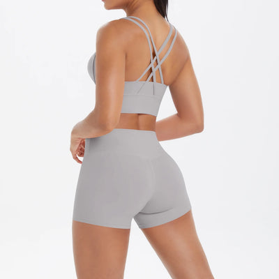 2PCS Yoga Suit Sports Set Fitness Shock-absorbing Cross Shoulder Straps Quick Drying Sport Brassiere Cycling Workout Gym Shorts