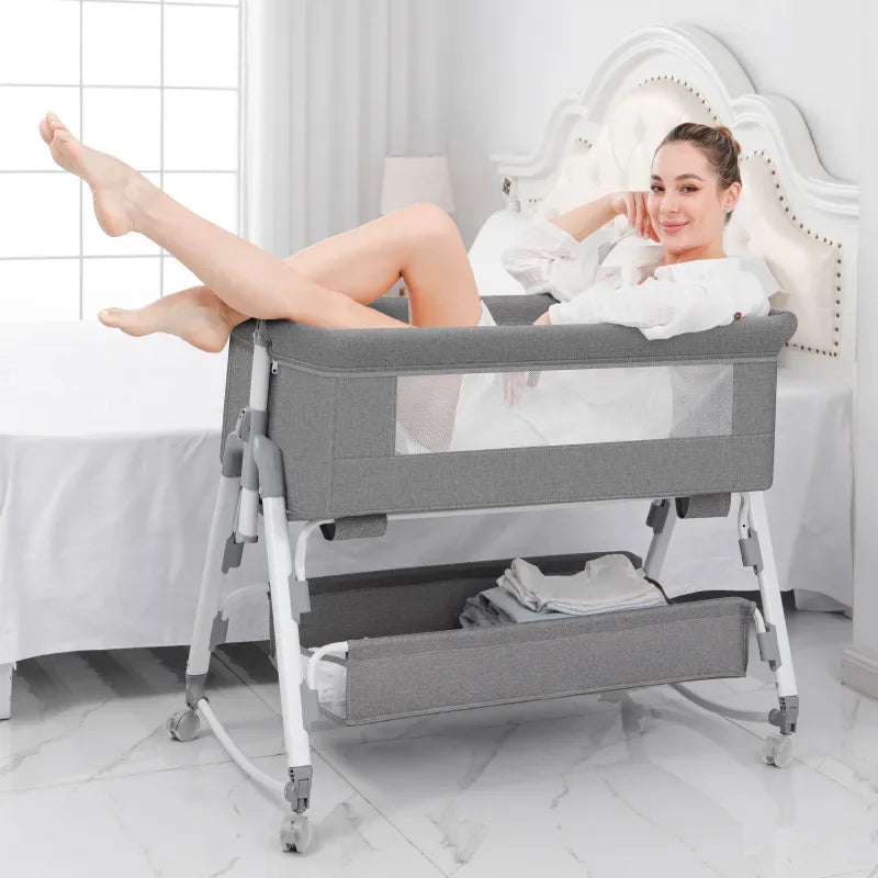 Multi Functional Baby Crib with Foldable Height Adjustment Splicing, Portable and Movable Bedside Swing, Cradle, Sleeping Bed