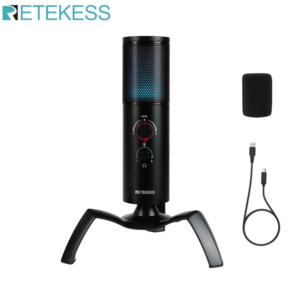 Retekess USB Dynamic Microphone TG101 Headphone Jack Mute Button RGB Gain Control Gaming MIC For PC PS5/4 Recording Streaming