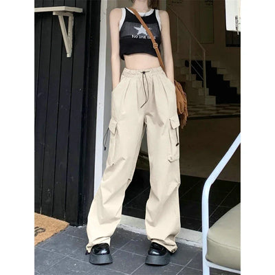 Women Casual Cargo Pant Solid Low Waist Drawstring Big Pockets