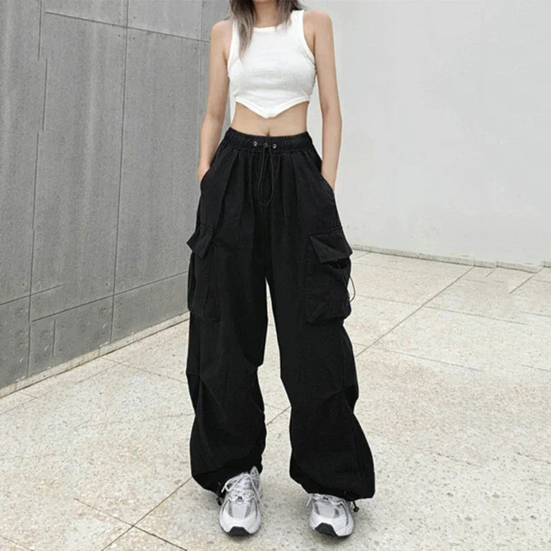 Women Casual Cargo Pant Solid Low Waist Drawstring Big Pockets