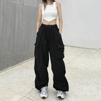 Women Casual Cargo Pant Solid Low Waist Drawstring Big Pockets